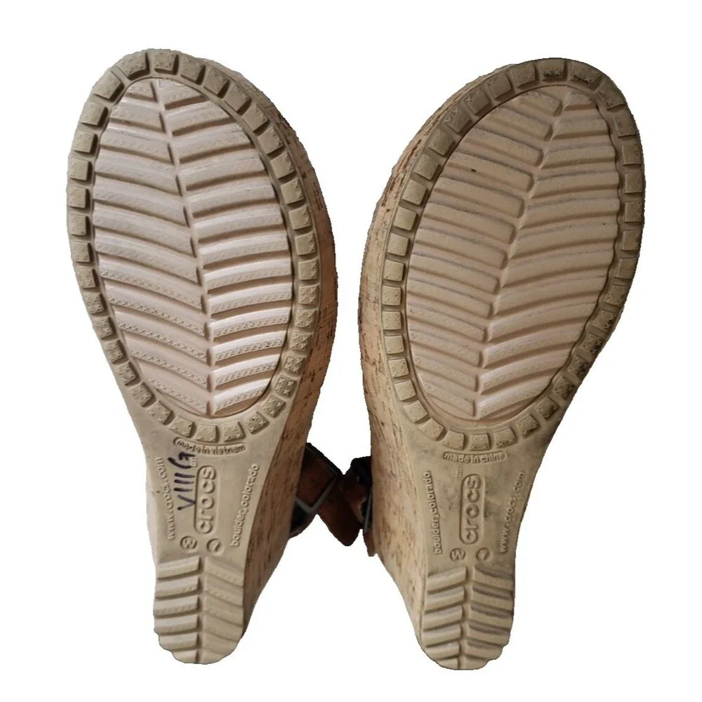Crocs A-Leigh Brown Leather Slingback Peep Toe Cork Wedge Women's Size 7 Sandals